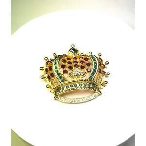 Kenneth Jay Lane Vintage Crown Brooch Pin Gold Tone Red Green Rhinestone